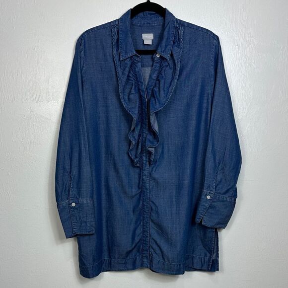 Chico's Ruffle Denim Chambray Long Sleeve Tunic Top Size 12/14 - Picture 2 of 8